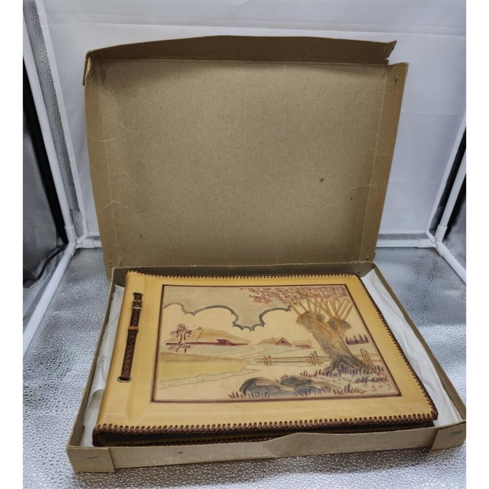 Vtg Handcrafted Leather Photo Album Embossed Scenic Cover & Buckle Strap Closure